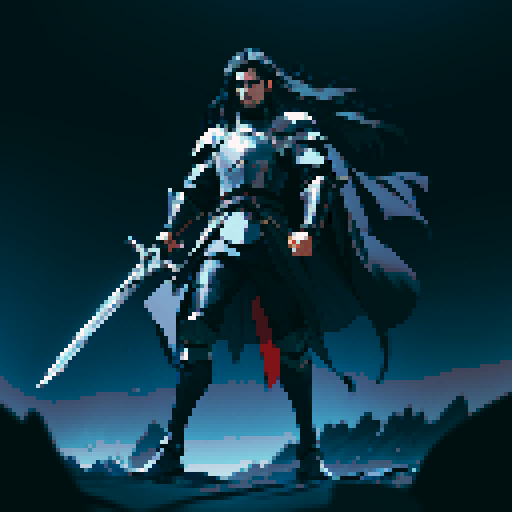 full-body image, male knight, man in black armor, giant sword, long black hair, sexy, male dark knight, giant sword, huge long sword, long hair, facing left, ready to fight, very long sword