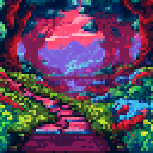 Moss-covered stone walls, winding paths, towering hedges, vibrant flowers, and a hidden entrance, all within the confines of a pixelated, sRGB, pixel art landscape