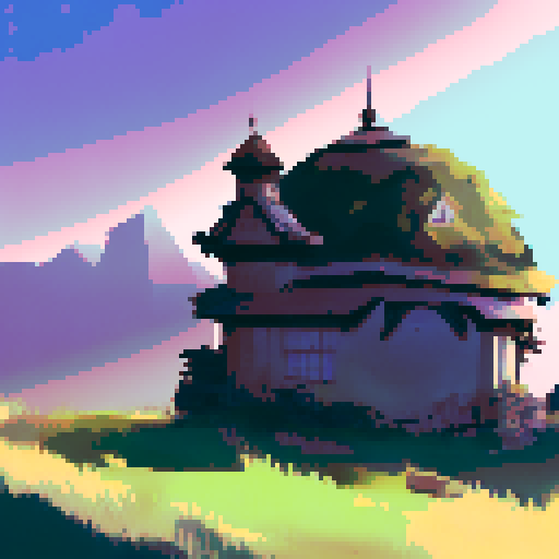 old observatory on the top of the hill, sunset, trees on the sides, dark