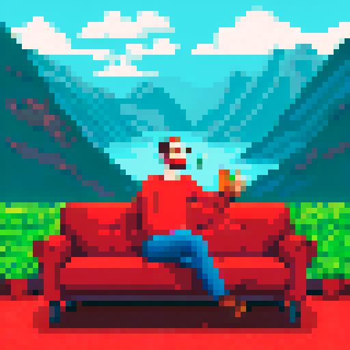 Short haired guy with glasses sipping cider on a retro couch with a pixel art background of a vast, mountainous landscape in sRGB colors