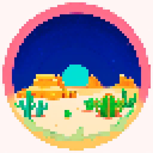 Desert dunes, glowing under a starlit sky, with cacti towering above, all depicted in vibrant pixel art with a striking sRGB color palette
