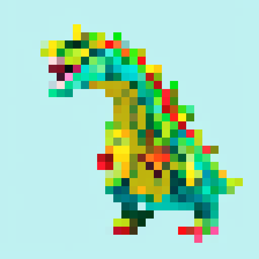 dinosaur face, pixel art, sRGB, vibrant colors, sharp edges, detailed scales, expressive eyes, textured skin, playful expression, retro aesthetic, dynamic angles