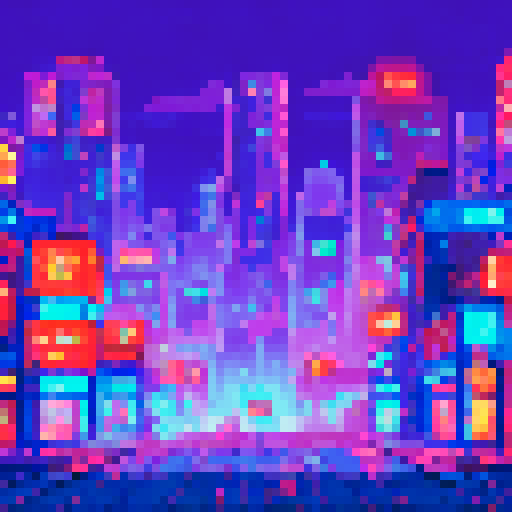 scavenger, broken neon signs in an abandoned city of towering skyscrapers, illuminated only by flickering holograms and polluted air, with abandoned vehicles scattered in the background - all portrayed in dark, sRGB pixel art style
