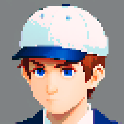 Pixel portrait of a school boy focused on the head. He needs to wear a cap.