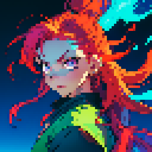 Pixelated characters with unique variations: a vibrant, electric blue-haired character with a mischievous expression, a fiery red-haired character with a determined gaze, a serene green-haired character with flowing locks, and a mysterious purple-haired character with piercing eyes