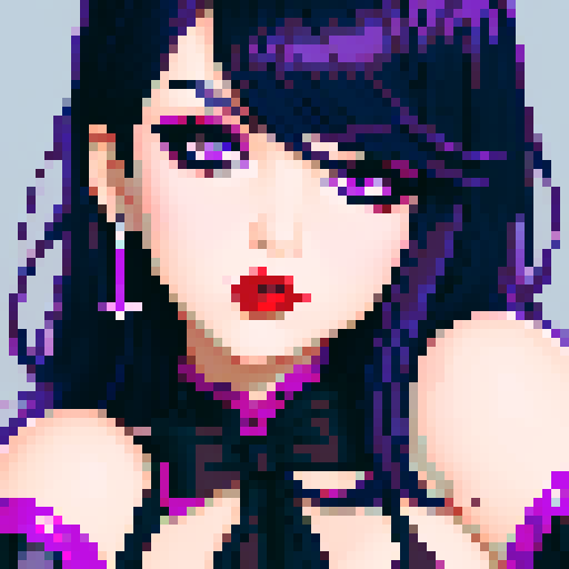 curvy, cute goth girl face, black hair, purple eyeshadow, red lipstick, face portrait, glamour shot, vibrant sRGB colors, pixel art