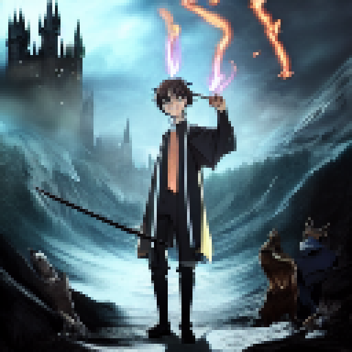 Wizarding duel between Harry and Voldemort, casting spells in a dark and eerie Hogwarts courtyard with glowing wands, fiery explosions, and swirling magical energy.