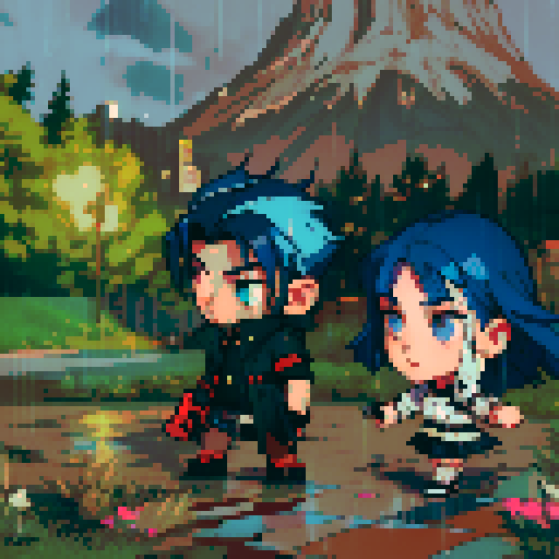 blue haired 90s pop girl on the right is smoking a cigarette, and the man on the left with black hair is holding a gun, night time rainy oldtime villag, grim