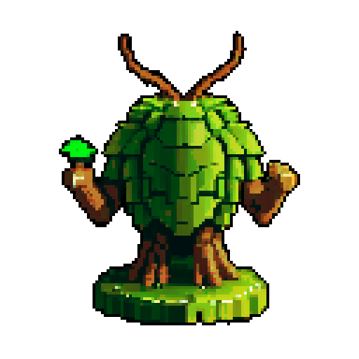 A colossal, tree-like titan with thick bark armor, massive branches, and glowing green eyes. It stands tall with a powerful, commanding presence, ready to protect the forest at all costs. No background.
