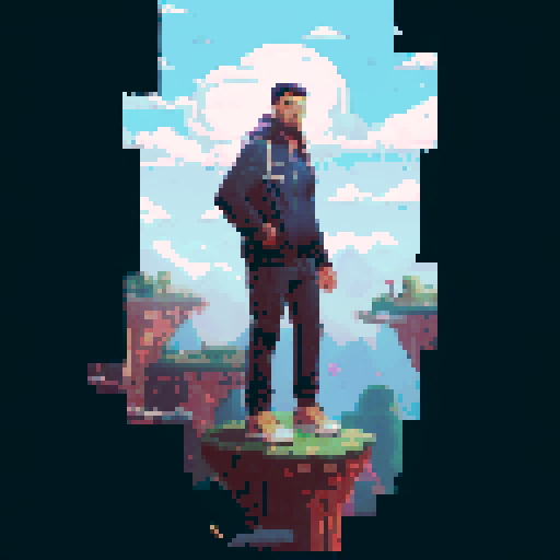 Hispanic man, heroic pose, confident expression, full body, pixel art, sRGB, solid color background