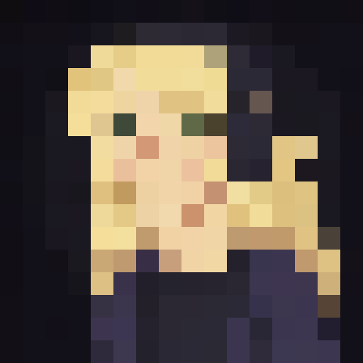 Character for YouTube channel in pixel art style, characteristics: blonde, green eyes, smooth and straight hair, with black coat and headphones 
