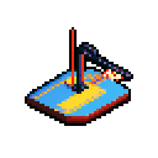 grappling hook, pixelated rope, vibrant colors, detailed metal, retro game style, isometric view, textured handle, 8-bit pixels, shiny metallic, intricate mechanism, sharp hooks, minimalistic design