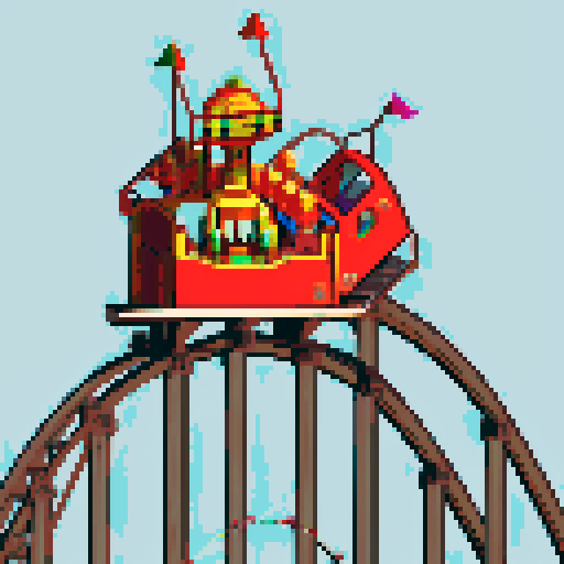 Amusement park, vibrant roller coasters, whimsical carousels, towering ferris wheels, sRGB colors, pixel art