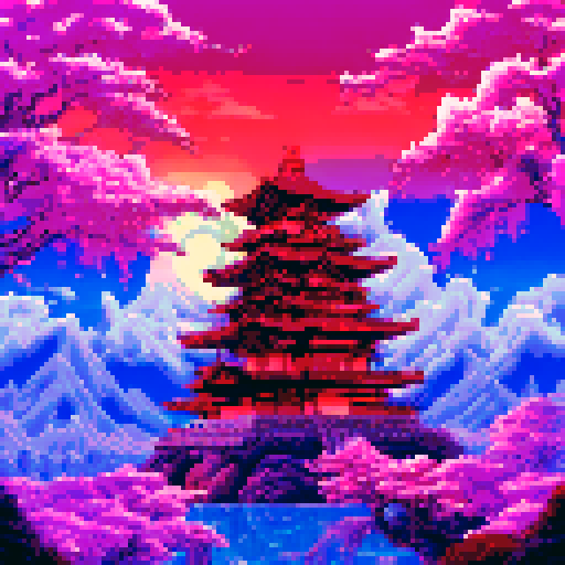 A towering, red-roofed Japanese temple nestled in a lush, mountainous landscape surrounded by cherry blossom trees with pixelated details and a serene sRGB color scheme