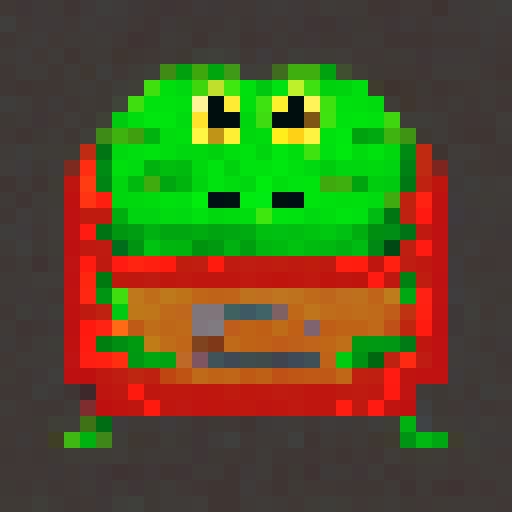 Bright green frog with golden eyes, rendered in pixel art with a sRGB color palette and a transparent background for a badge design