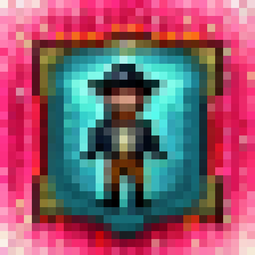 "Create a 32x32 pixel art of a modern-day pirate sporting a leather jacket, aviator sunglasses, and a bandana while holding a pixelated cutlass and standing on a neon pink and blue ship against a city skyline backdrop."