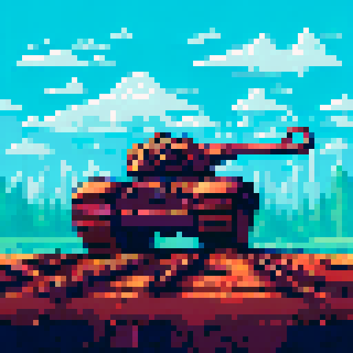 Rusty, metal tracks crunch through the snow as an abandoned tank looms over a desolate, icy wasteland in a pixelated, sRGB landscape