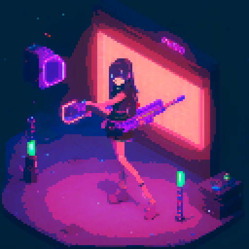  Mage anime girl with flowing hair, fluorescent tattoos, and a pixelated sniper rifle, navigating through a purple neon-lit night market and an sRGB glow