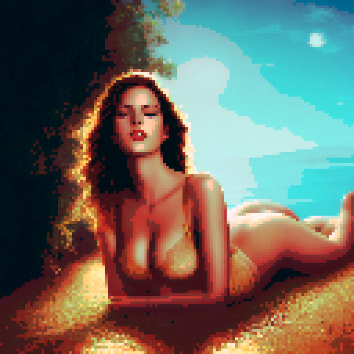 sexy beautiful lingerie model, green eyes, golden wet skin shining, orange sunset light, laying down, coy smile, tanned skin, see through black lace lingerie, black wavy shiny hair, 50mm portrait, sun, glamour, soft curves, ass, full wet lips, sRGB, pixel art, background, landscape