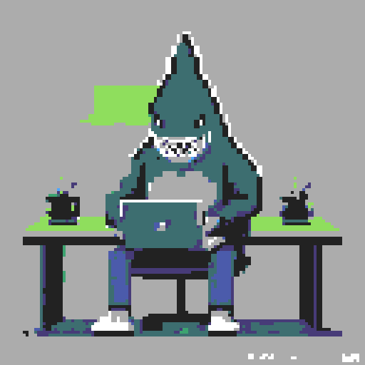 shark, desk, typing, laptop, pixel art, sRGB
