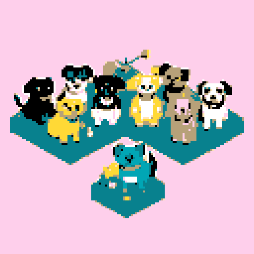 yard filled with dogs, custom color palette, one dog facing them all, microphone, pixel art, sRGB