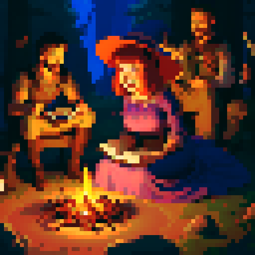 A group of adventures gather around a campfire telling stories to eachother. The male warrior is leaning forward, on hand resting in his lap, the other raised up in a jovial manner as he regales the tales of his travels. The female wizard, whom is rather voluptuous, keeps to herself as she reads her book of spells in one of her hands, the other playing with a little flame wick. The wizards legs are crossed  under her long violet dress, her big rimmed hat resting stop of her head.
