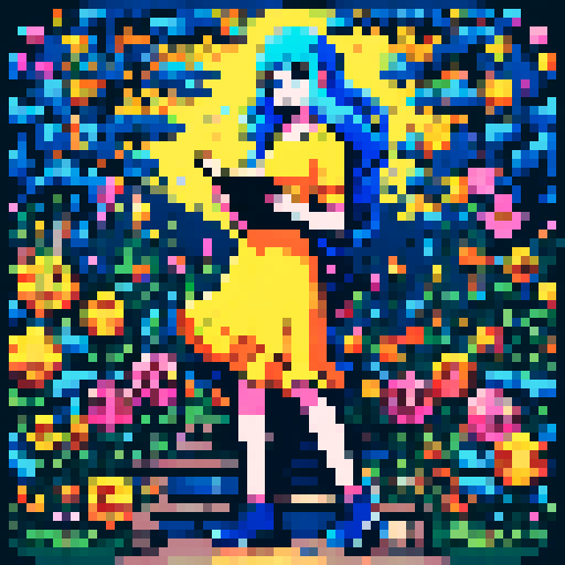 Girl with vibrant blue hair, wearing a flowing yellow dress, holding an ancient leather-bound book, surrounded by a whimsical pixel art garden, with vibrant flowers and lush greenery, all rendered in the vibrant sRGB color space
