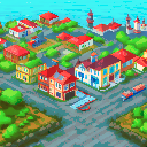 Island port town, have the whole town visable in the image. make it usebale as a tile set for my rpg game. make sure its a lively city. 