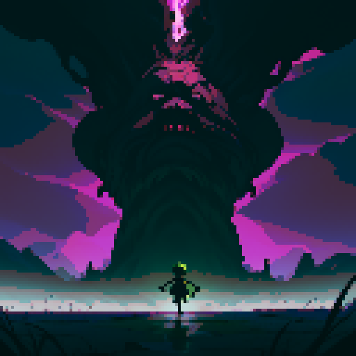 a child run away from a black clouds that follow him, in a swamp, dark color with domination of purple and green