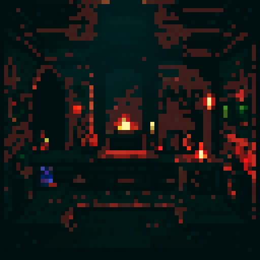 8-bit style with vibrant, retro colors, showcasing a pixelated dungeon room, reminiscent of classic video games
