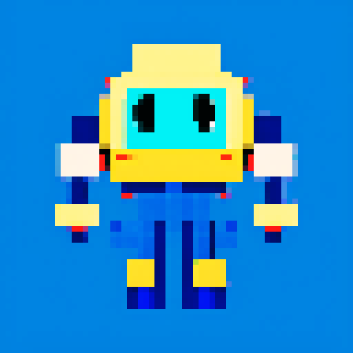 blue, floating robot, pixel art, sRGB