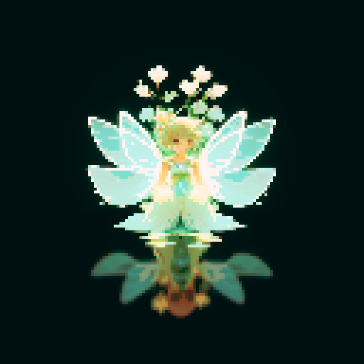 A delicate, fairy-like creature with translucent wings, a body adorned with blooming flowers, and glowing eyes. It has a serene expression and emits a soft, magical light. It moves gracefully through the air. No background.
