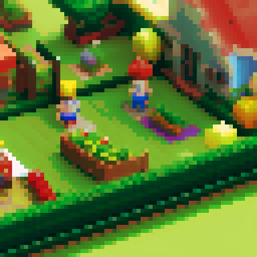 Create a vibrant, pixelated map of a farm-to-table kitchen for the first level of Dr. Ketchup's video game, featuring a lively garden full of fresh vegetables and a bustling kitchen area equipped with classic cooking tools, all rendered in a colorful and stylized pixel art style. Create a pixel art map for the first level of the Dr. Ketchup video game. This level will be the introduction to the world of Dr. Ketchup, setting the tone for the rest of the game. The map should be a stylized version 