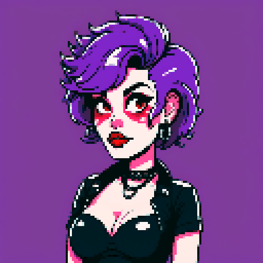 Plus size curvy, cute, busty greaser goth girl, with purple hair, black eyeshadow, red lipstick. Large breasts, wearing bikini and studded collar. Posing for sexy photo.  whole head portrait, avatar photo. vibrant sRGB colors, pixel art, edgy aesthetic