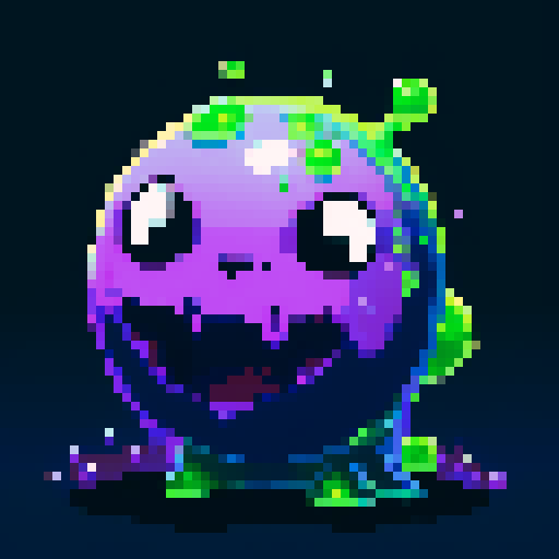 A dangerous slime with a toxic purple hue, emitting a faint glow. It has sharp, sinister eyes and a menacing expression, with toxic bubbles inside. No background.
