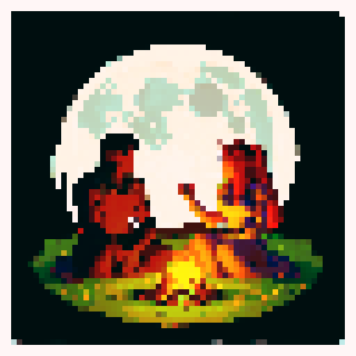 human warrior sitting around a fire with his gorgeous succubus wife  in the middle of an open field at night, 2 horses one black one white, full moon in the dark sky