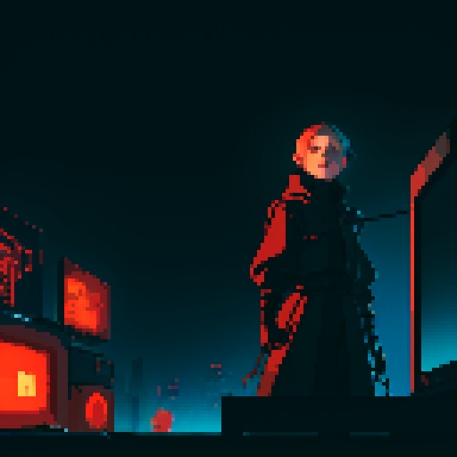 giant computer terminal, complex machines, blinking red lights, hanging cables in shadow, dark, morbid, bioorganic style, sRGB, pixel art