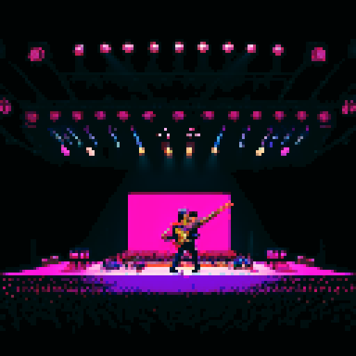 Bruce Springsteen silhouette, bold black lines, vibrant colors, pixelated style, sRGB palette, energetic stage presence, iconic guitar stance, dynamic pixel art rendition, nostalgic 8-bit graphics, electric atmosphere, captivating stage lighting, pixel-perfect details, retro video game vibes, crowd cheering, pulsating rock music, powerful lyrics