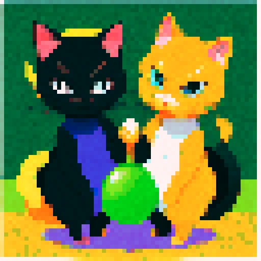 Siamese Japanese cats with vibrant, pixelated fur in a ninja-inspired sRGB palette