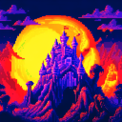 Dark castle on a jagged island shrouded in ominous purple light, while a lighter castle on a smooth island glows with a warm yellow hue, both racing through a mystical portal in a pixelated sRGB landscape