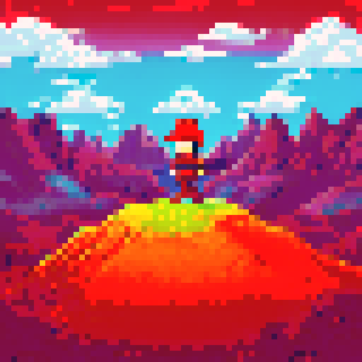mini pixel man with a red hat and silver sword standing on top of a grassy hill with a blue sky and fluffy white clouds in the background, using a retro 8-bit art style