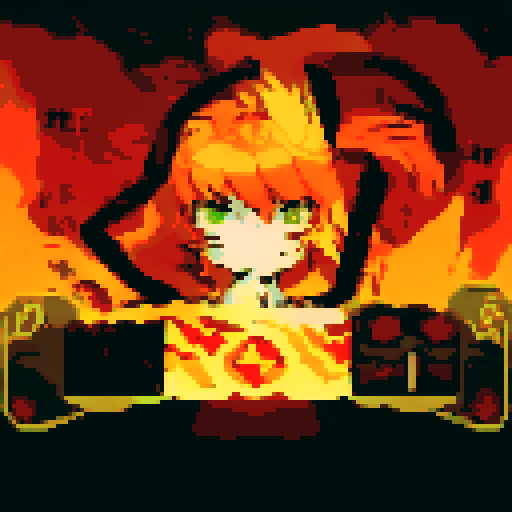 Fierce, fiery-orange fox with piercing green eyes, surrounded by bold, pixelated flames, framed in a dramatic, close-up anime portrait
