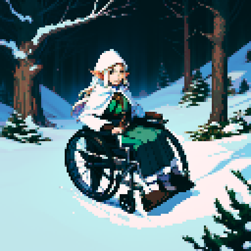 Winter, a pixel art sRGB image featuring a wheelchair-bound elf casting magical spells