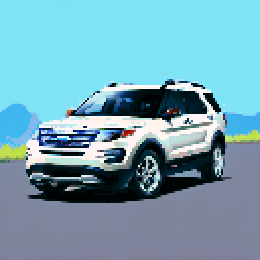 Photorealistic, centered Ford Explorer in a three quarter view, right wheel in front, clean background, pixel art style with sRGB colors