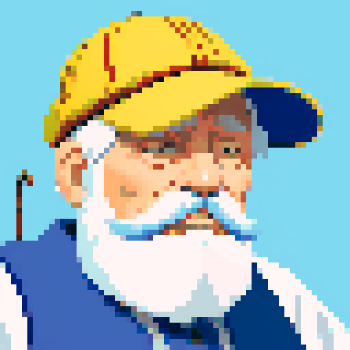 fisherman grandpa portrait, weathered face, lined with wrinkles, white beard, blue fisherman hat, worn-out fishing vest, fishing pole, non vibrant colors