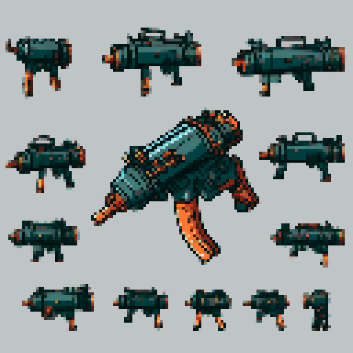 I want a big copper minigun viewed from from the side. It should not be on a stand but instead floating in the center of the frame. It should have strange mechanical details that could interlock with others. I want this object usable an asset in a videogame, meaning only one object per image, outlined with a strong black stroke, on a solid-color background. 