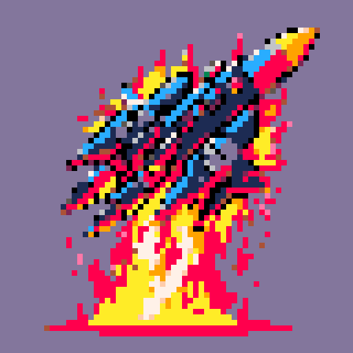 missile wreckage, jagged metal, smoldering flames, pixelated explosion, vibrant colors, sRGB