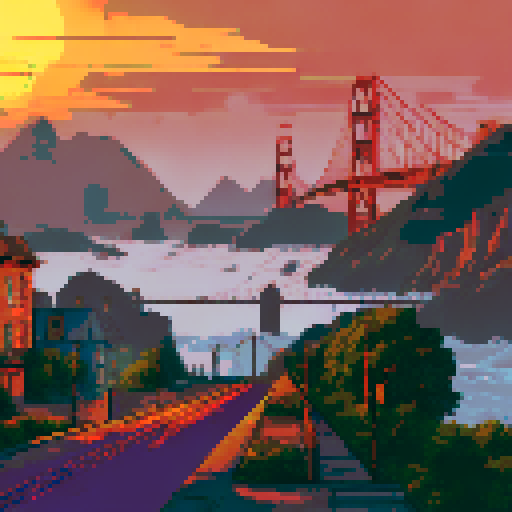 Golden Gate Bridge looming in the distance, fog rolling over the hills, cable cars traversing the streets, Victorian houses lining the roads, and a bustling waterfront scene