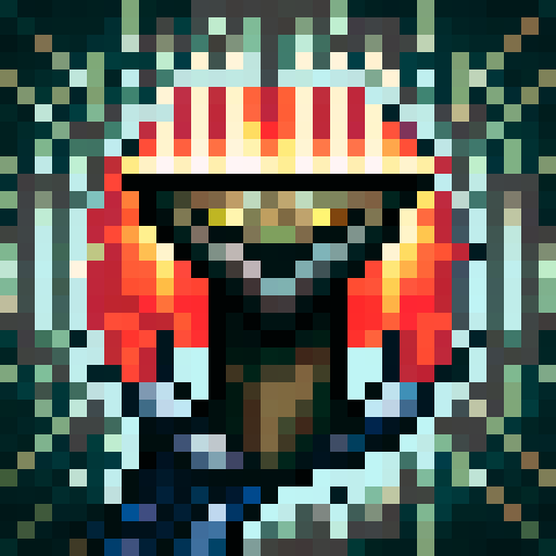 pixel art close up portrait, llama, black bowler hat, red metallic background, game icon, 32x32 skill art
