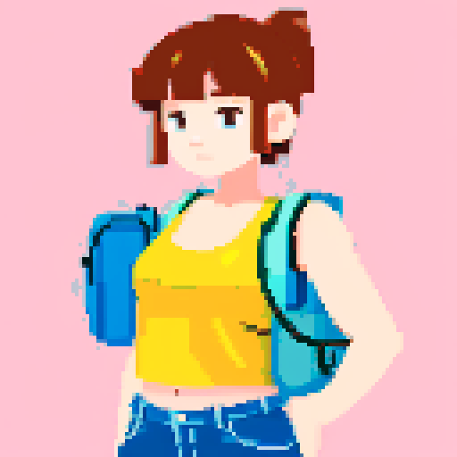 Female character wearing tank top, unbuttoned short sleeve shirt, jean shorts, hiking boots, and backpack 